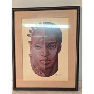 Vintage African Portrait Print Signed Owens Framed Tribal Modern Art